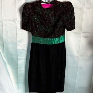 Jessica McClintock for Gunne Sax Black Velvet w/ Green Cocktail Dress Vintage